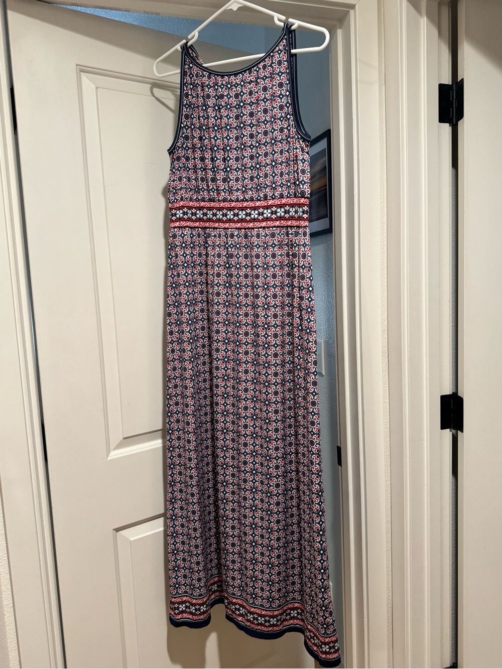 Max Studio Navy and Pink Geometric Print Sleeveless Maxi Dress